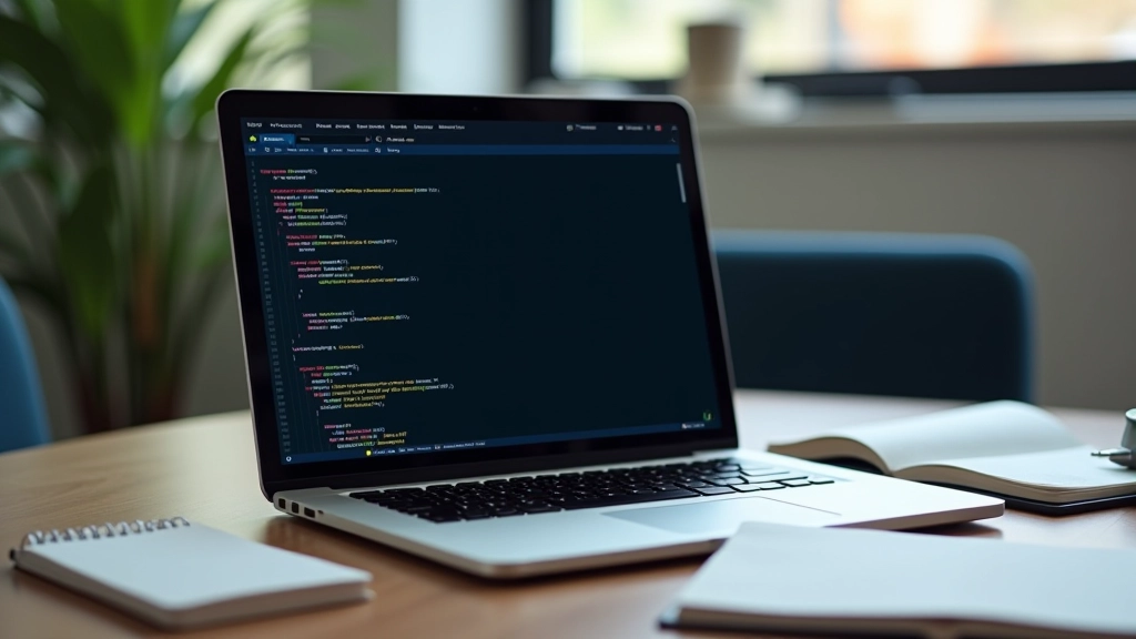 Nešiojamasis kompiuteris su atidarytu Python kodų redaktoriumi, šalia sąsiuvinis su užrašais apie NLP