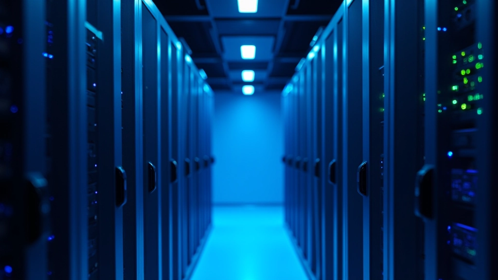 Serverio patalpa su mėlynu apšvietimu, aukštos technologijos infrastruktūra ir duomenų apdorojimo centras